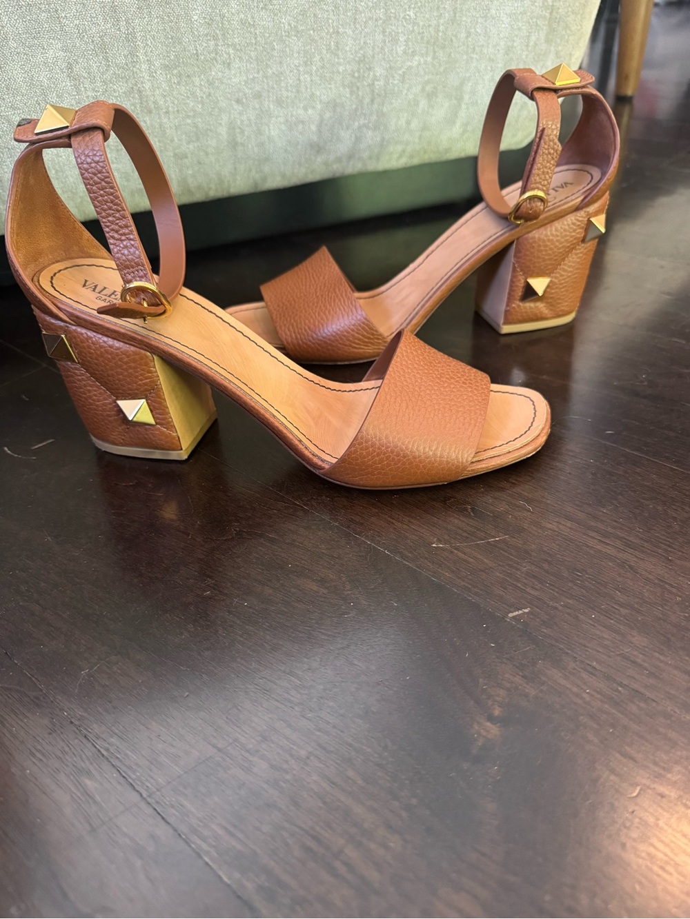 Valentino Garavani Brown Leather Rock Stud Block Heel Sandals